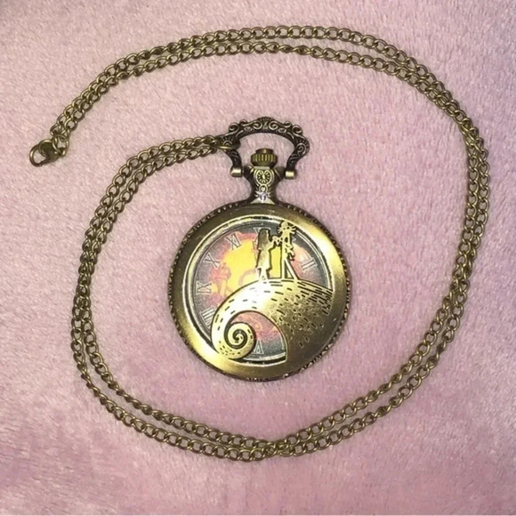 The Nightmare Before Christmas Jack & Sally Bronze Pocket Watch and Chain NWT - Picture 4 of 4